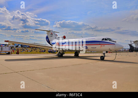 MOSCOW, RUSSIA - AUG 2015: passenger jet Yak-40 presented at the 12th MAKS-2015 International Aviation and Space Show on August 28, 2015 in Moscow, Ru Stock Photo