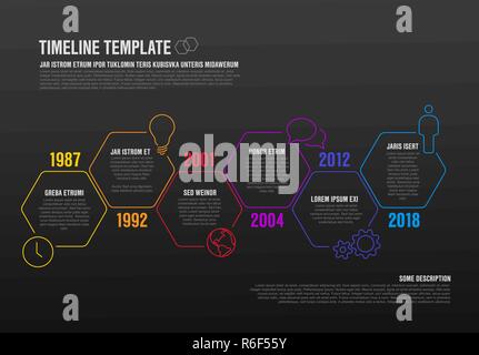 Vector Infographic timeline template made from thin line hexagons and icons - dark version Stock Vector