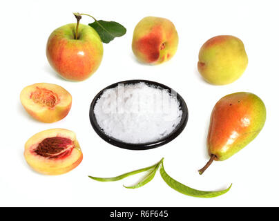 Fructose, or fruit sugar on plate. With fruit. Stock Photo