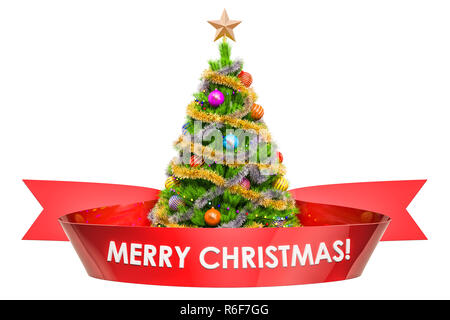 Merry Christmas concept with Christmas tree and text on the red ribbon, 3D rendering isolated on white background Stock Photo