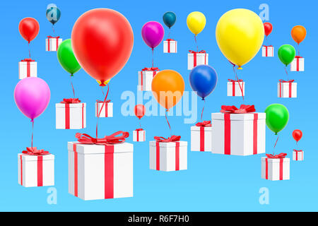 Multicolored balloons with gifts in the blue sky. 3D rendering Stock Photo