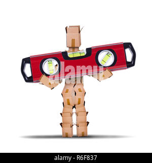 Box character lifing a spirit level Stock Photo