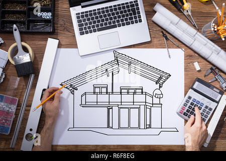 Architecture Drawing Sketch Of House On Placard Stock Photo