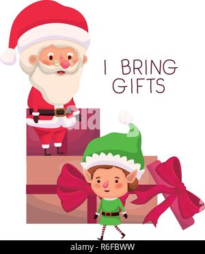 santa claus and elf with gifts boxs Stock Vector