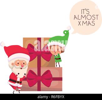 santa claus and elf with gifts boxs Stock Vector