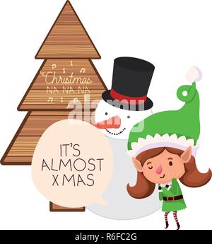 elf woman with christmas tree and snowman Stock Vector