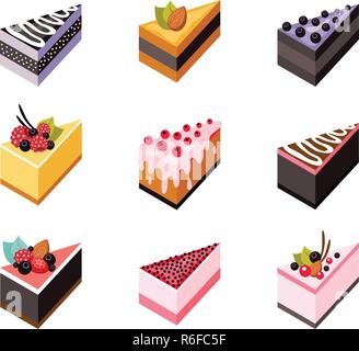 Cake set Isometric flat design web icon collection Delicious dessert Vector illustration Stock Vector