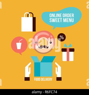 Food delivery design element set Delicious dessert Donut Coffee icons Vector illustration Stock Vector