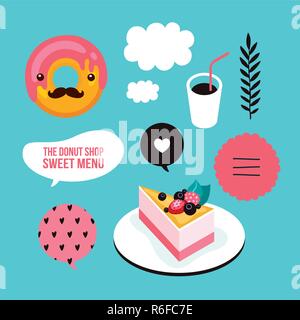 Sweet menu Food Delicious dessert Berry cheesecake donut coffee set Vector illustration Stock Vector