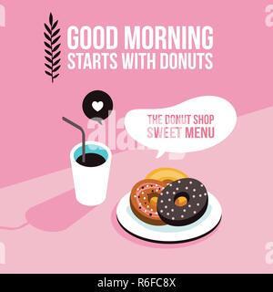 Perfect breakfast Donuts Coffee background Modern flat isometric design style Vector illustration Stock Vector