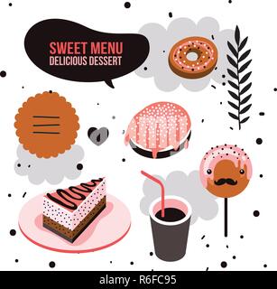 Delicious dessert design elements set Donut Cake Coffee cup Lollipop Vector illustration Stock Vector