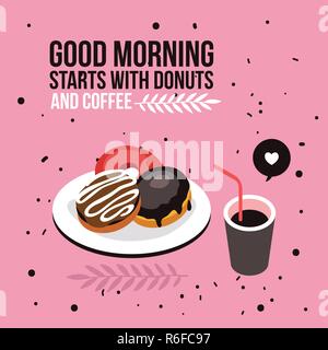 Perfect breakfast Donuts Coffee background Modern flat isometric design style Vector illustration Stock Vector