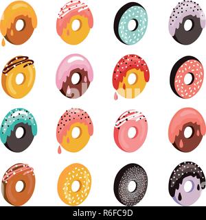 Delicious donut icon set Sweet dessert flat isometric 3d design Vector illustration Stock Vector