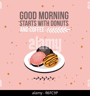 Delicious donuts on plate background Modern flat isometric design style Vector illustration Stock Vector