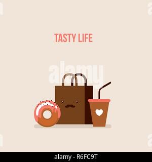 Delicious donut Coffee Shopping bag Online food order flat design Vector illustration Stock Vector