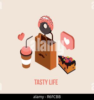 Delicious Food order Dessert Cake Donut Coffee Tea cup Isometric Vector illustration Stock Vector
