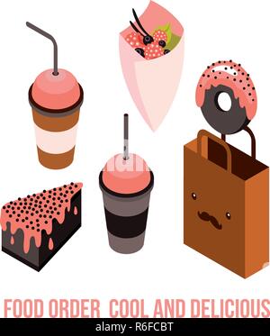 Delicious Food order Dessert Cake Donut Coffee Tea cup Isometric Vector illustration Stock Vector