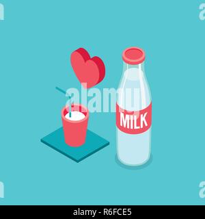 Milk bottle and glass Modern Isometric design Vector illustration Stock Vector