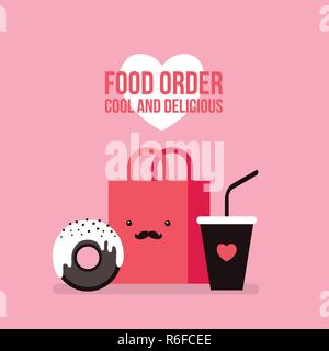 Delicious donut Coffee Shopping bag Online food order flat design Vector illustration Stock Vector