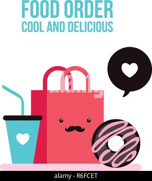 Delicious donut Coffee Shopping bag Online food order flat design Vector illustration Stock Vector