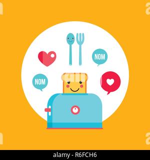 Toaster and funny toasted bread with cute smile Cartoon character Vector illustration Stock Vector