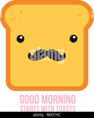 Hipster toast bread Funny Cartoon character with mustache Vector illustration Stock Vector