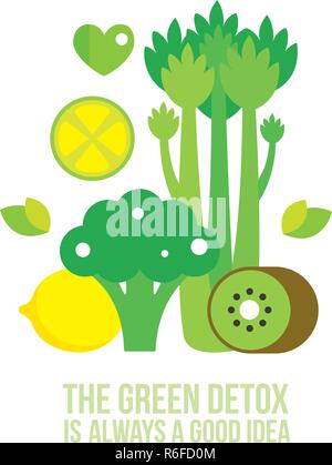 Celery Kiwi Broccoli Lemon Lime Healthy and delicious green food Vector illustration Stock Vector