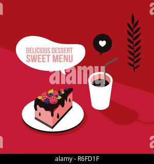 Delicious piece of cake with fruits and coffee Colorful background Vector illustration Stock Vector