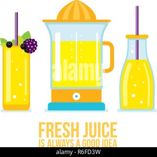 Juicer Glass of juice Smoothie bottle Organic fresh summer drinks Vector illustration Stock Vector
