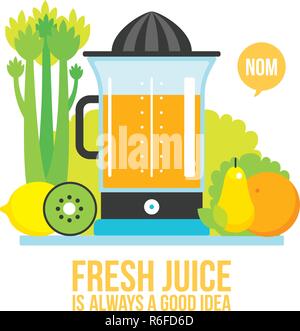 Juicer Fresh vegetables greens and fruits on white background Vector illustration Stock Vector