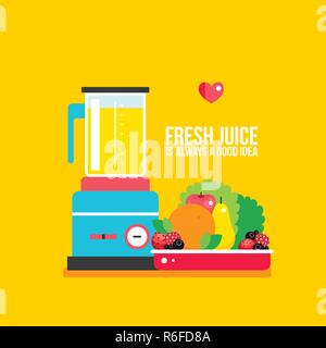 Organic fresh food Fruits Vegetables Greens on plate and Blender Vector illustration Stock Vector