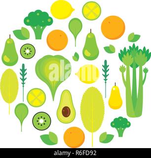 Healthy food Fruits Vegetables and greens isolated on white background Vector illustration Stock Vector