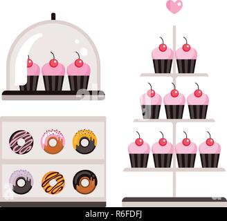 Delicious sweet desserts Donuts Cupcakes isolated on white background Vector illustration Stock Vector