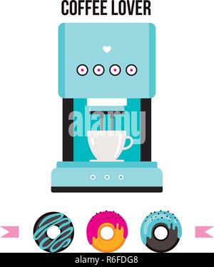 Coffee machine and Colorful delicious donuts isolated on white background Vector illustration Stock Vector