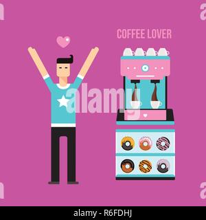 Young happy man Coffee machine and Donuts Colorful Banner Vector illustration Stock Vector