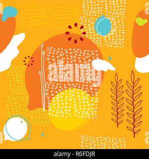 Colorful orange seamless background pattern with lemons and abstract elements Vector illustration Stock Vector
