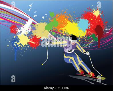 Grunge colored background with skier image. Vector illustration Stock Vector