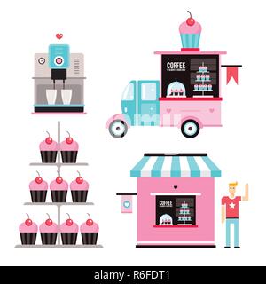Sweet Food business design elements Icons collection coffee machine Cupcakes Muffins car Truck Small cafe facade building set Vector illustration Stock Vector