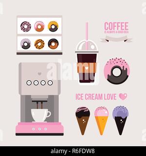 Delicious sweet desserts Donuts Cupcakes Ice cream Coffee machine and cup Flat design elements icons Vector illustration Stock Vector