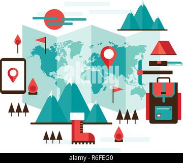Mountain climbing Hiking Travel and tourism design elements set Vector illustration Stock Vector