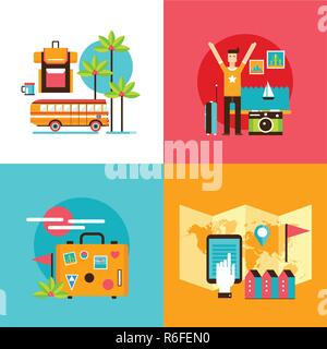 Tourism holidays vacation banner set Man travels around the world Vector illustration Stock Vector