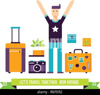 Happy man ready for travel adventures Tourism vacation icon set Vector illustration Stock Vector