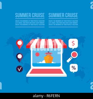 Buying travel tickets online Cruise trip booking background with laptop Vector illustration Stock Vector