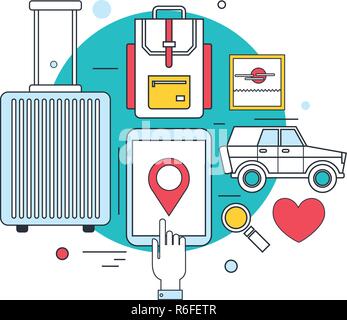 Summer vacation planning banner Travel Tourism concept Modern line icons Vector illustration Stock Vector