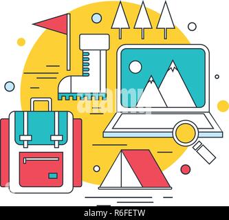 Mountain climbing Hiking Camping Travel Tourism concept Modern line icons Vector illustration Stock Vector