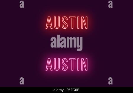 Neon name of Austin city in USA. Vector text of Austin, Neon inscription with backlight in Thin style, red and pink colors. Isolated glowing title for Stock Vector