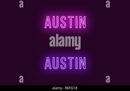 Neon name of Austin city in USA. Vector text of Austin, Neon inscription with backlight in Thin style, purple and violet colors. Isolated glowing titl Stock Vector