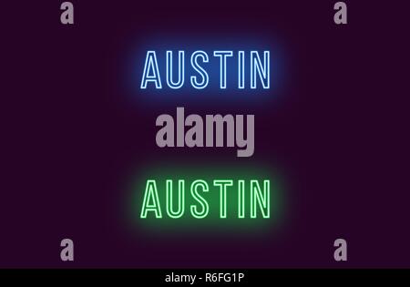 Neon name of Austin city in USA. Vector text of Austin, Neon inscription with backlight in Thin style, blue and green colors. Isolated glowing title f Stock Vector