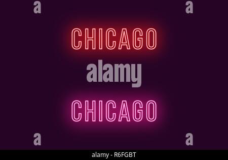 Neon name of Chicago city in USA. Vector text of Chicago, Neon inscription with backlight in Thin style, red and pink colors. Isolated glowing title f Stock Vector