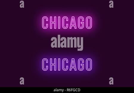 Neon name of Chicago city in USA. Vector text of Chicago, Neon inscription with backlight in Thin style, purple and violet colors. Isolated glowing ti Stock Vector